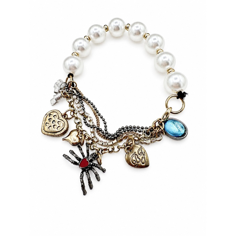 Vintage Betsey Johnson Y2K Pearl Charm Bracelet Spider Halloween Heart Locket